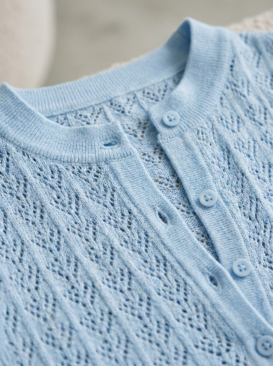 Close-up of the mandarin collar and pointelle knit