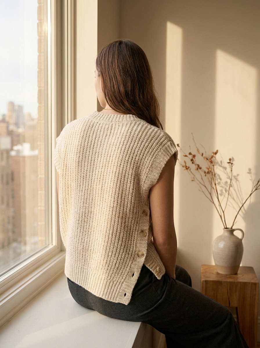 Textured asymmetric buttoned vest, back view
