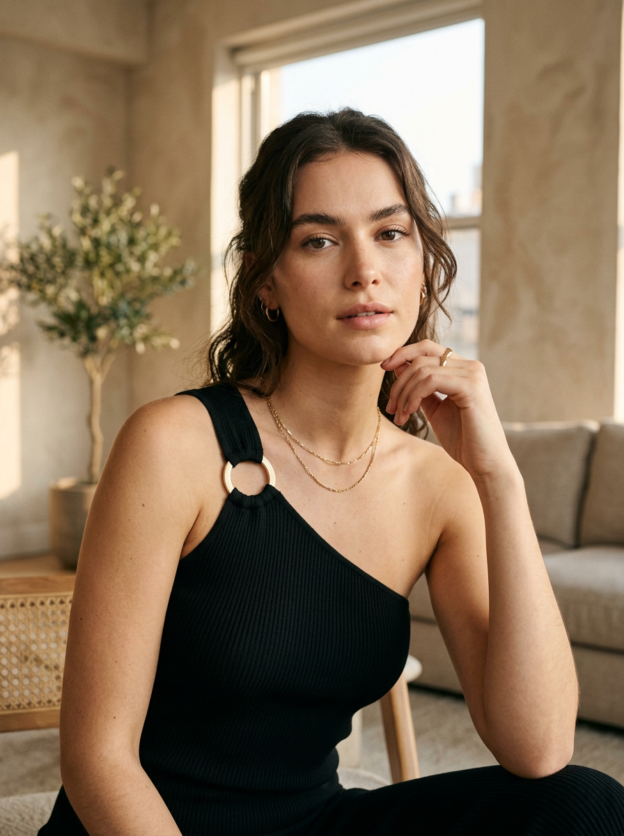 Woman wearing a black one-shoulder ribbed top with ring detail, front