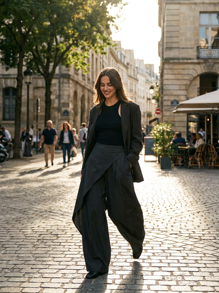 Woman wearing black asymmetric overlay balloon wide-leg pants, front