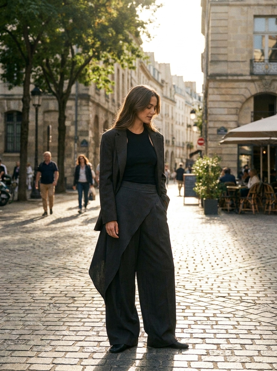 Balloon wide-leg pants, three-quarter view