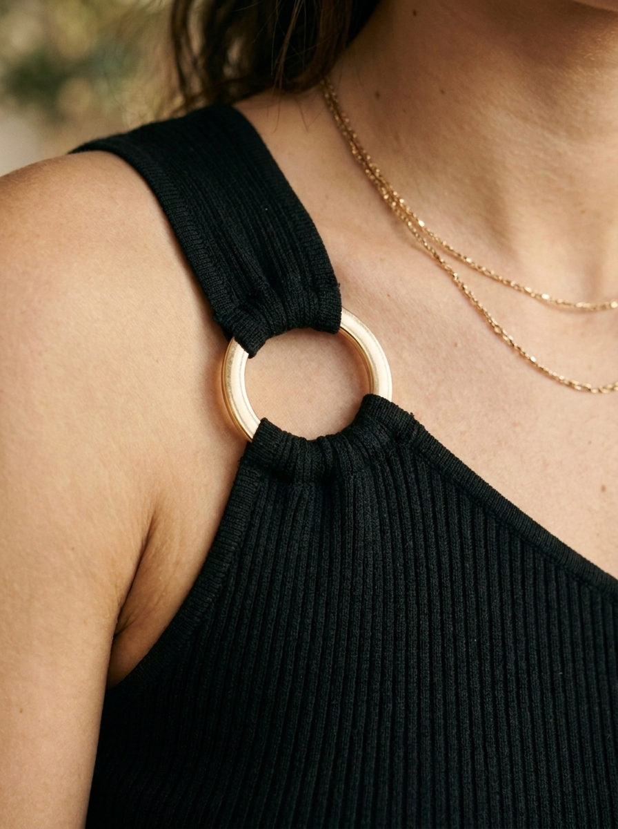 Close-up of the ring detail and ribbed knit