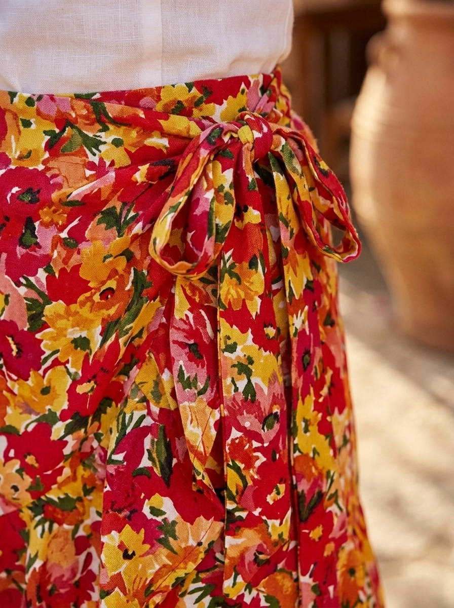 Close-up of the floral print and tie-wrap