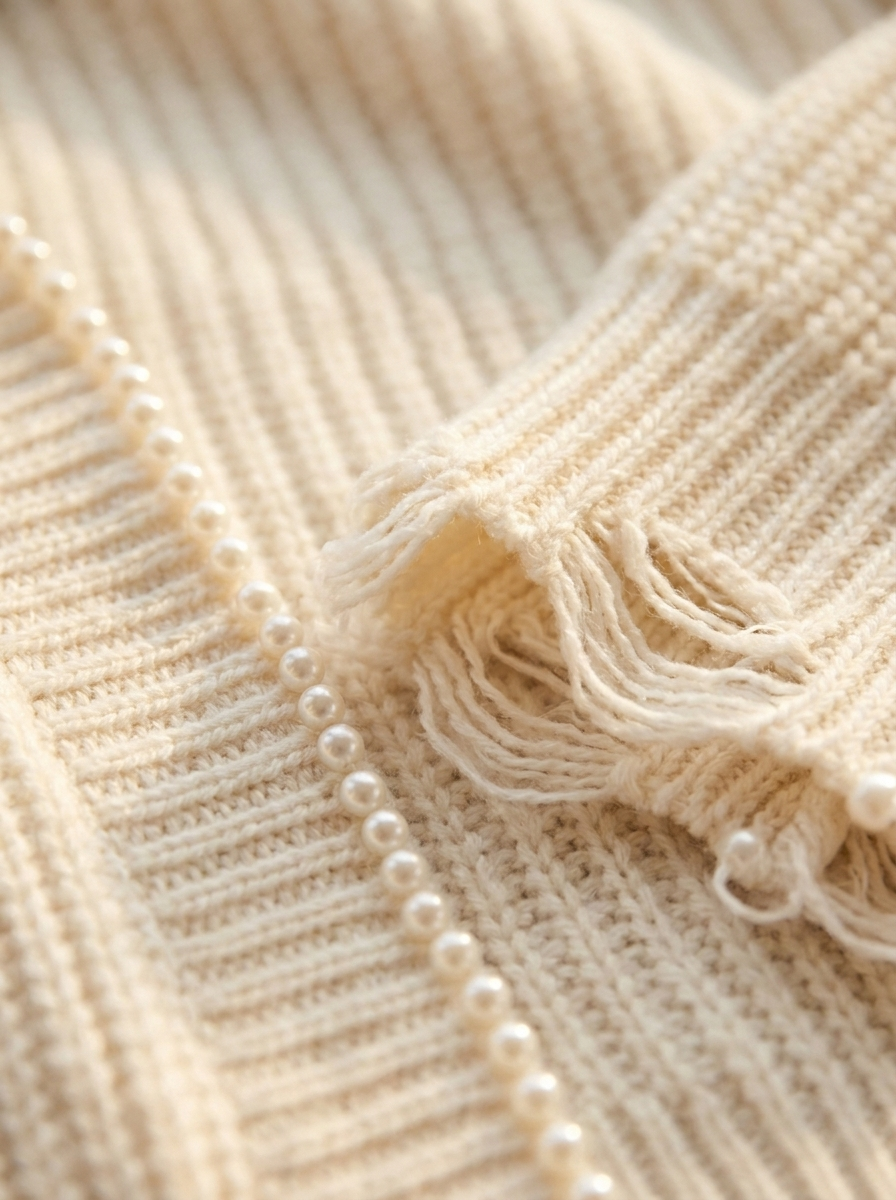 Close-up of the pearl trim and ripped-hem knit
