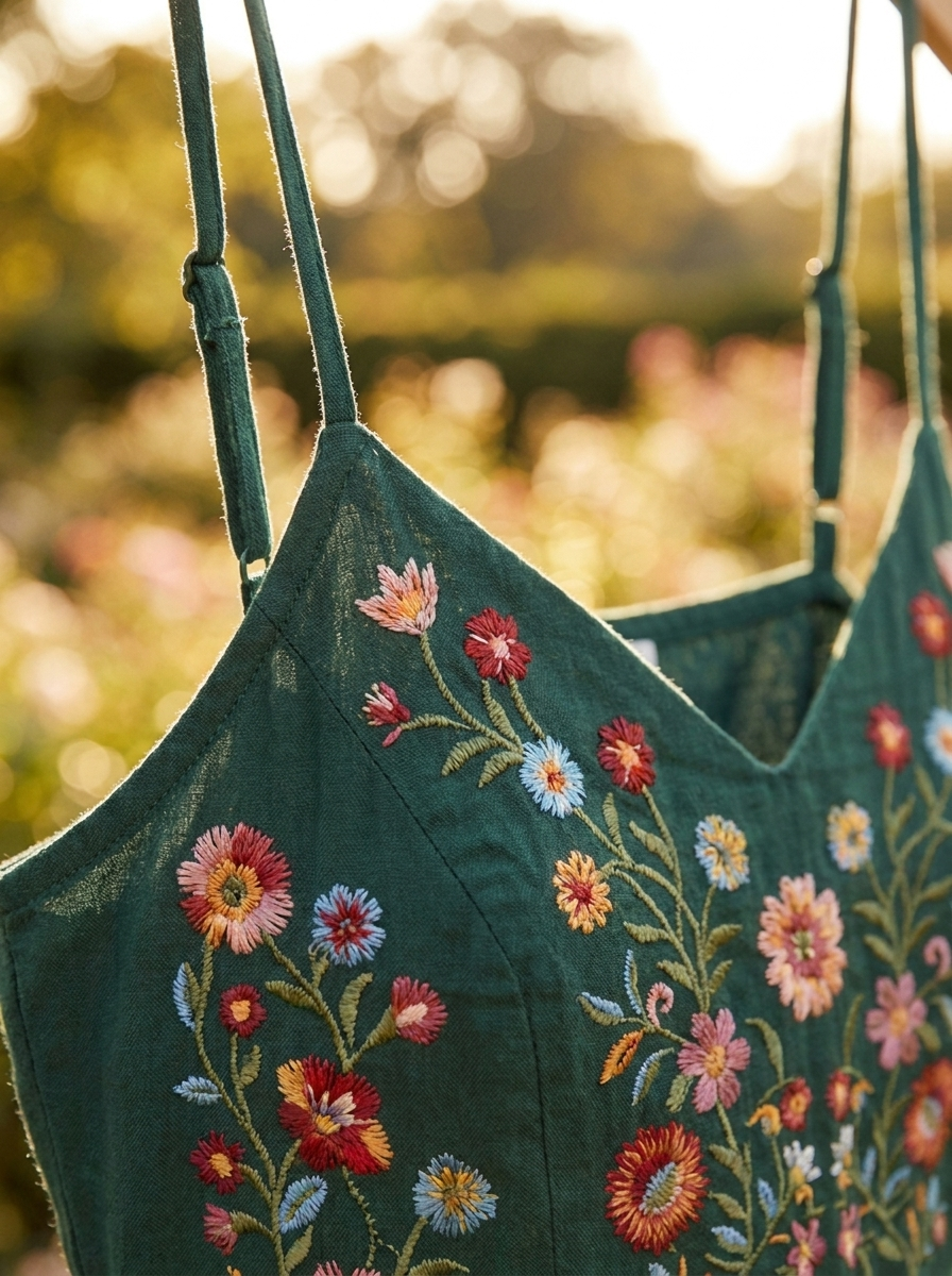 Close-up of the floral embroidery and cami straps