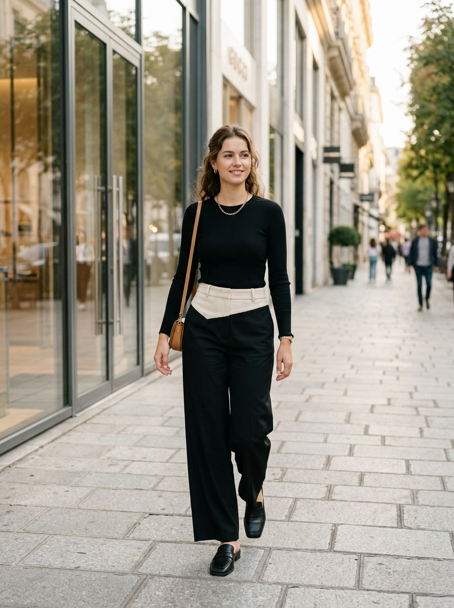 Woman wearing black asymmetric contrast waistband wide-leg trousers, front