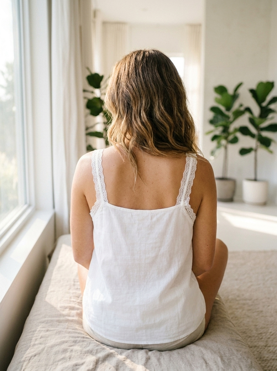 Button-front lace trim cami top, back view