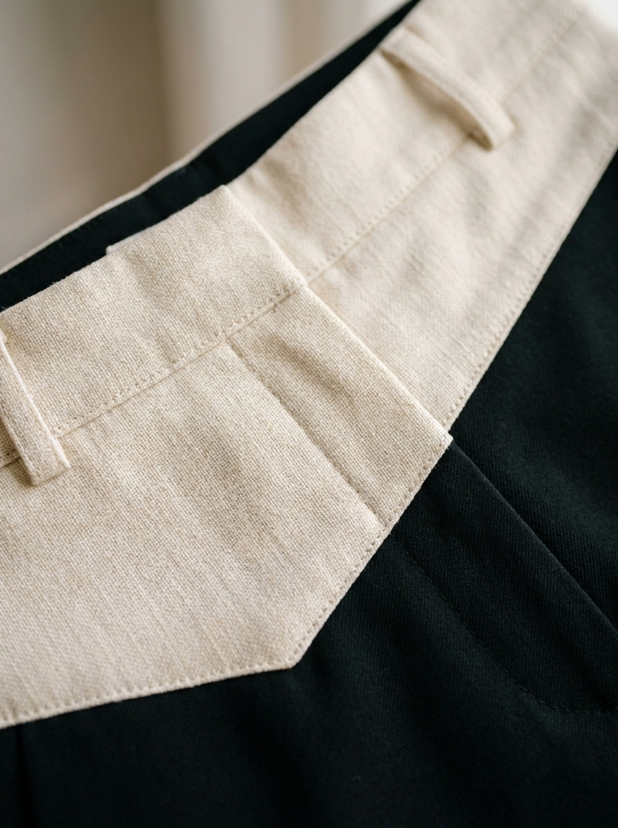 Close-up of the asymmetric contrast waistband