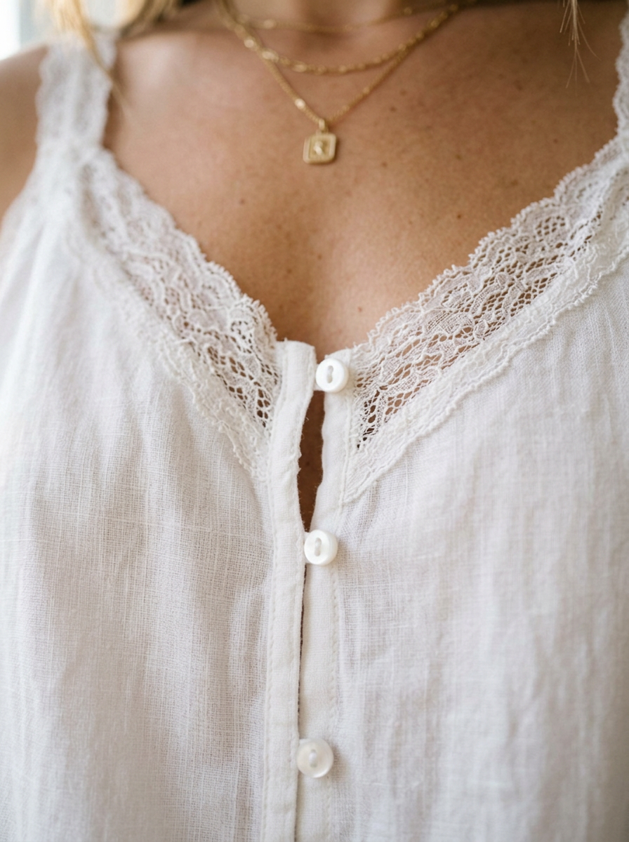Close-up of the button-front placket and lace trim