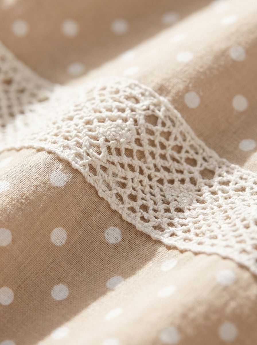 Close-up of the polka dot fabric and lace trim