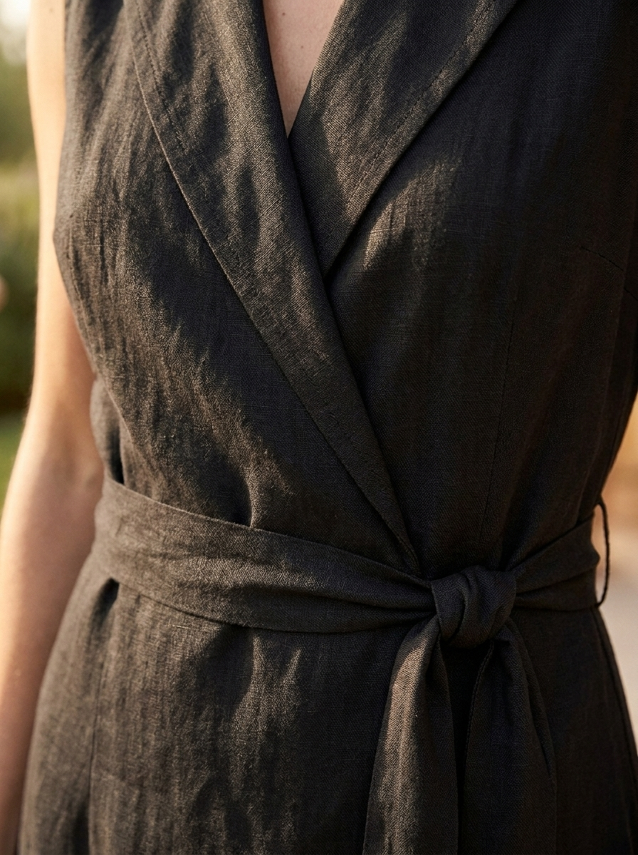 Close-up of the lapel, belt and wrap detail