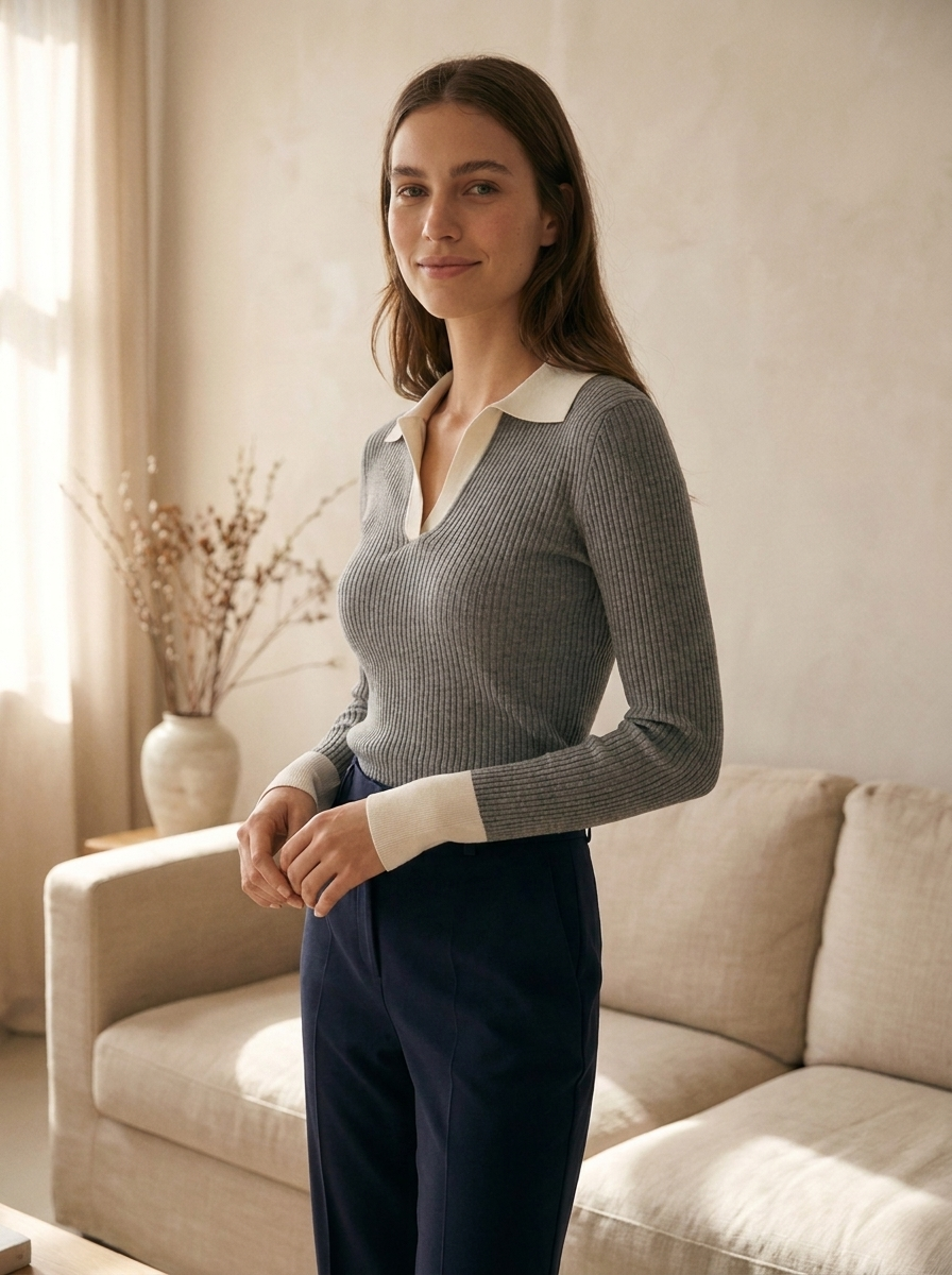 Contrast collar knit top three-quarter view