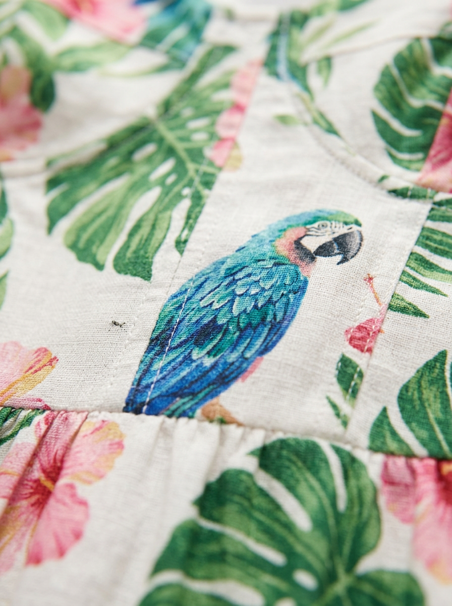 Tropical floral print and corset seam fabric detail