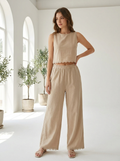 Women's cotton linen scallop trim top and pants set front view