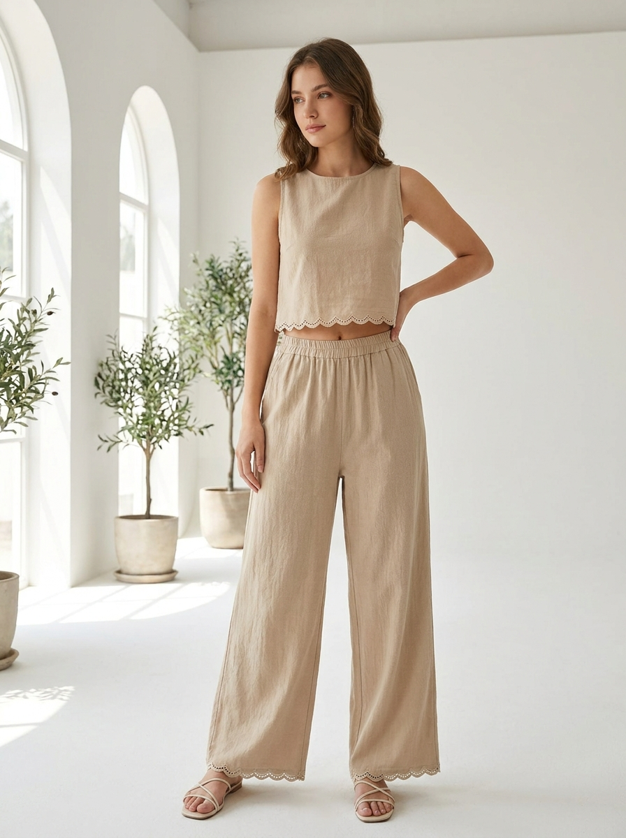 Women's cotton linen scallop trim top and pants set front view