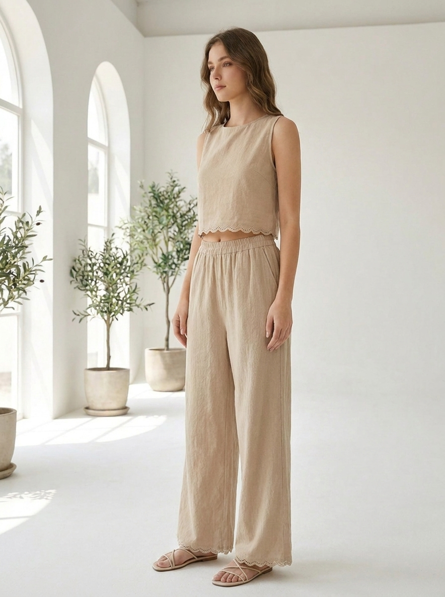Cotton linen scallop trim pants set three-quarter view