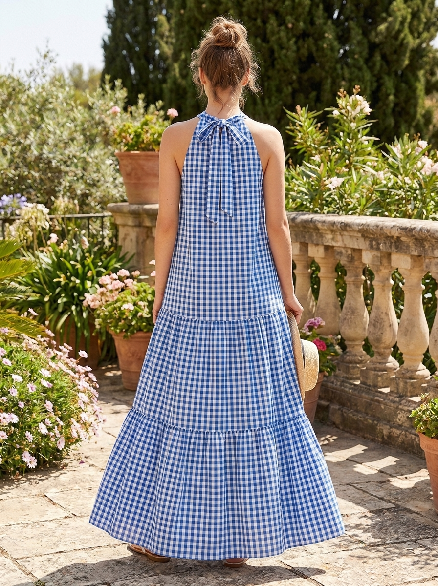 Gingham halter maxi dress back view