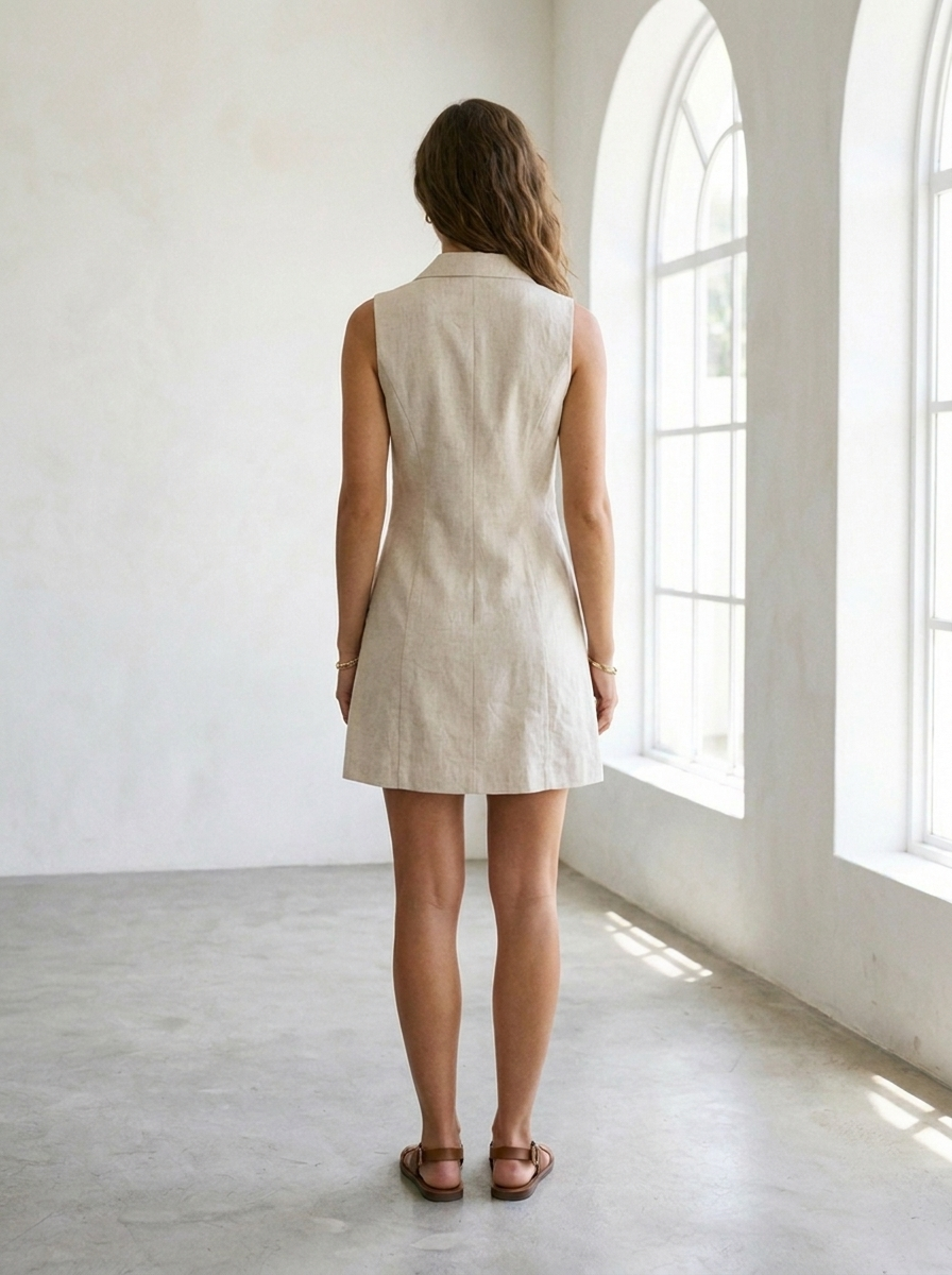 Double breasted linen mini dress back view