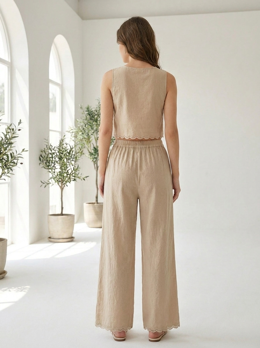 Cotton linen scallop trim pants set back view