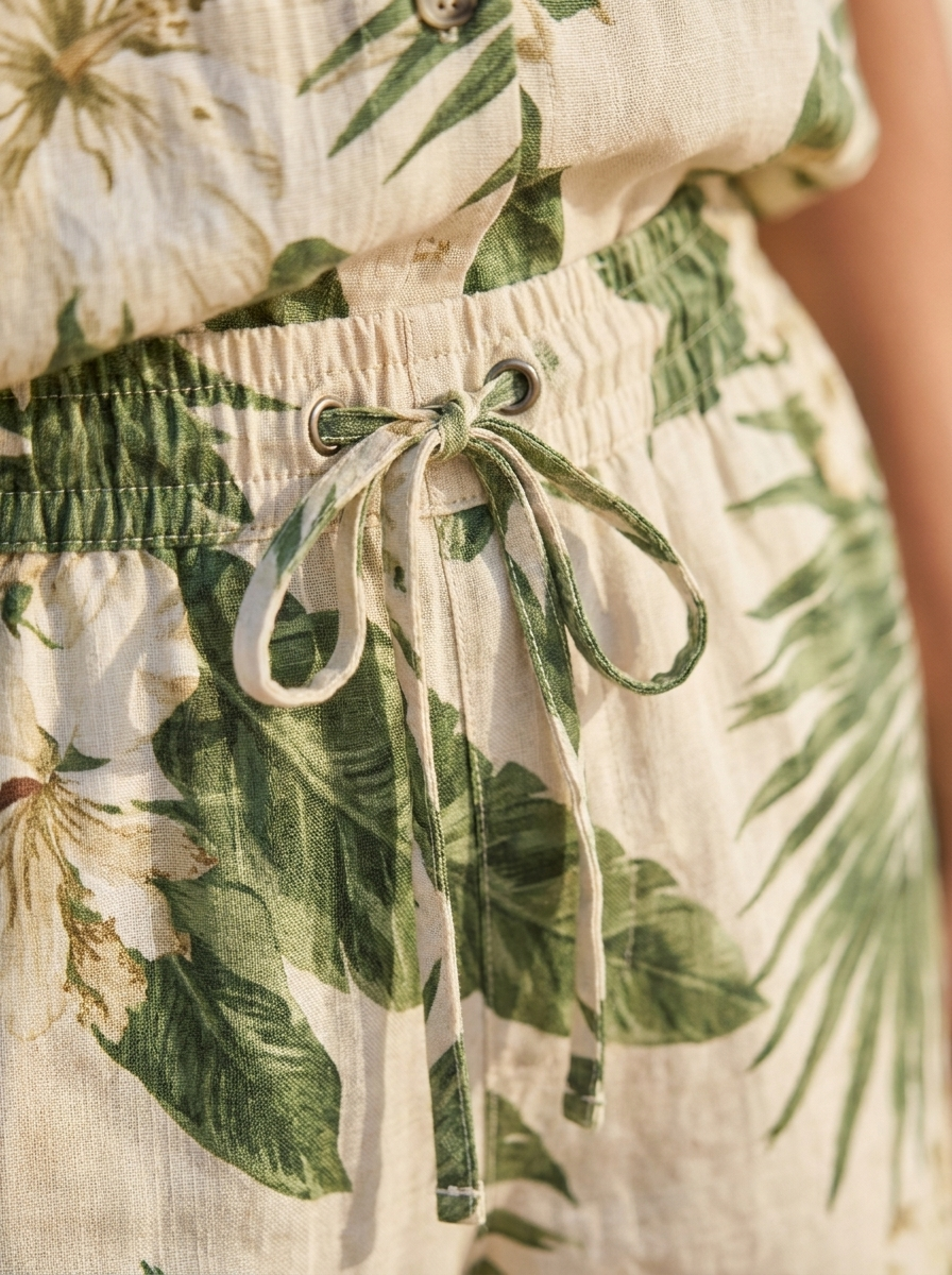 Palm tree print fabric and drawstring shorts detail