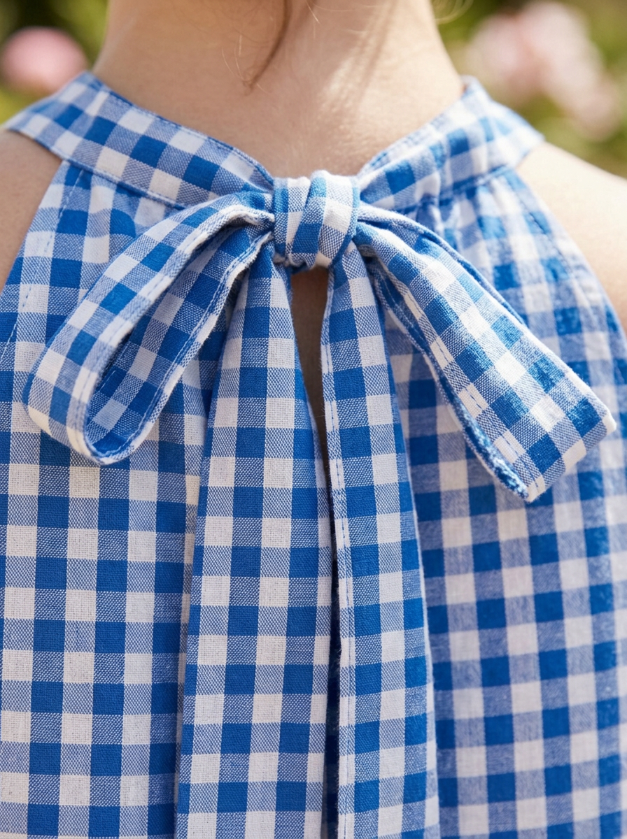 Gingham check cotton fabric and halter tie detail