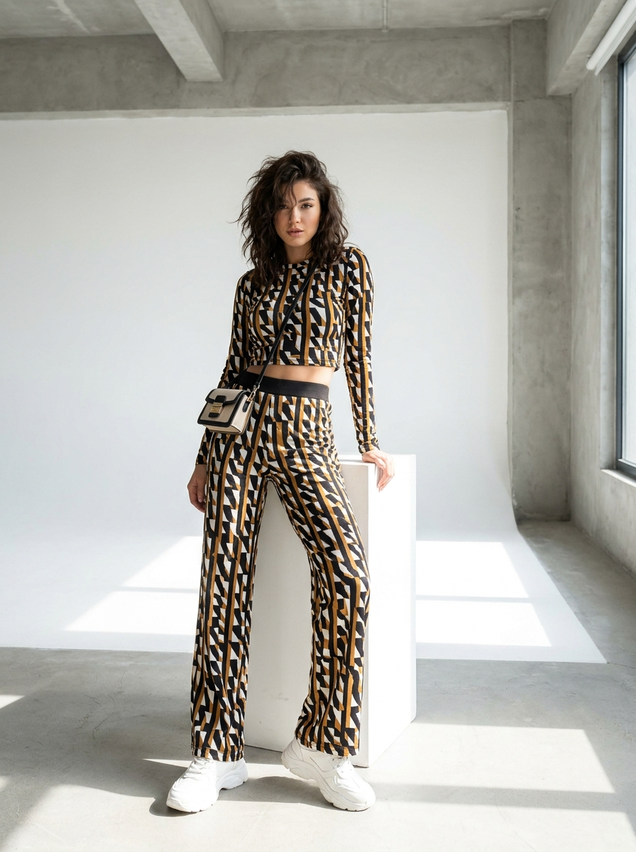 Women's graphic print crop top and wide-leg pants set front view