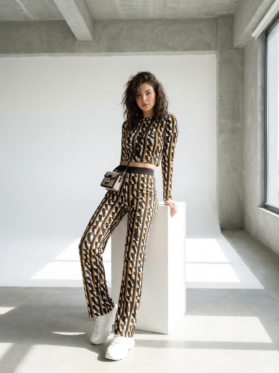 Graphic print crop top and wide-leg pants set three-quarter view