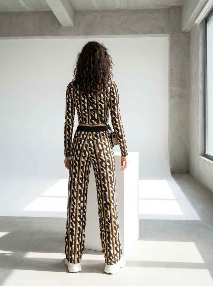 Graphic print crop top and wide-leg pants set back view