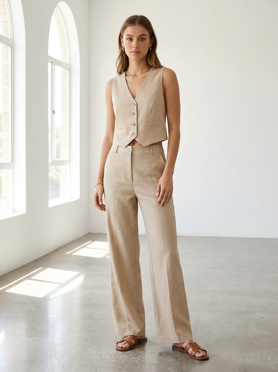Women's V-neck vest and wide-leg trousers set front view