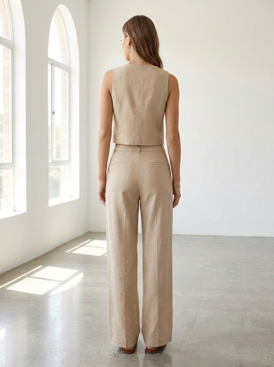 V-neck vest and trousers set back view