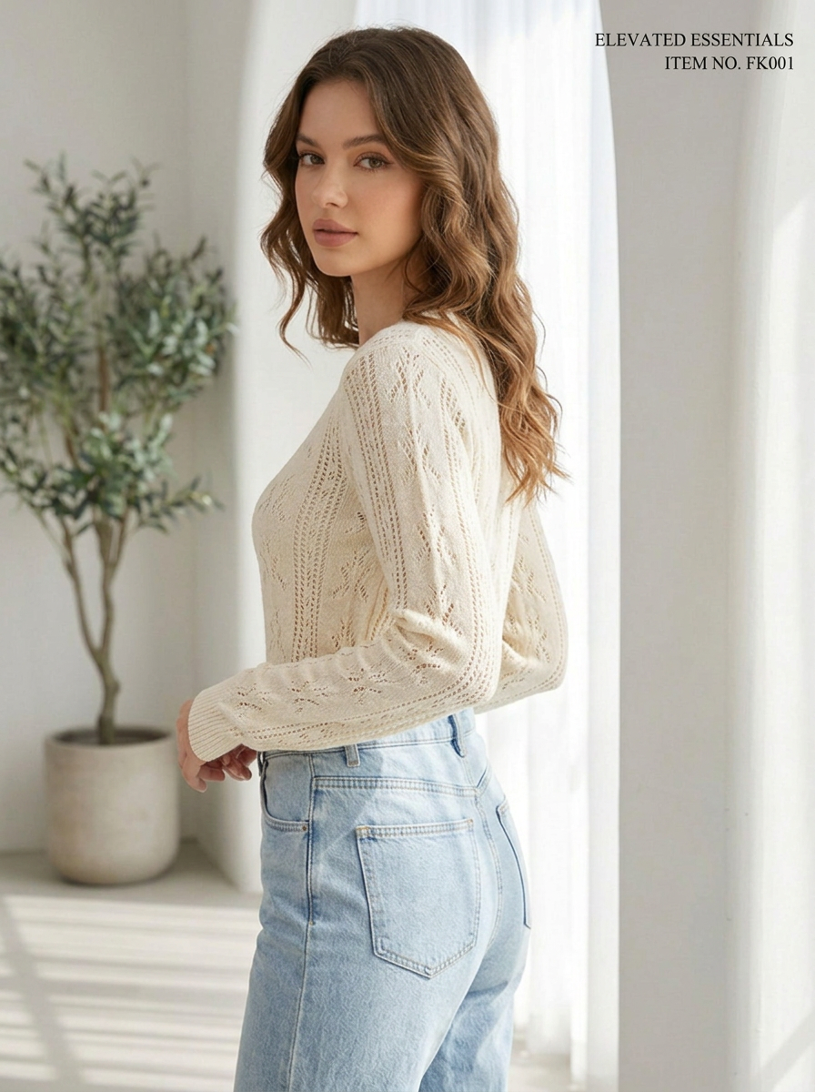 Floral hollow knit top three-quarter view