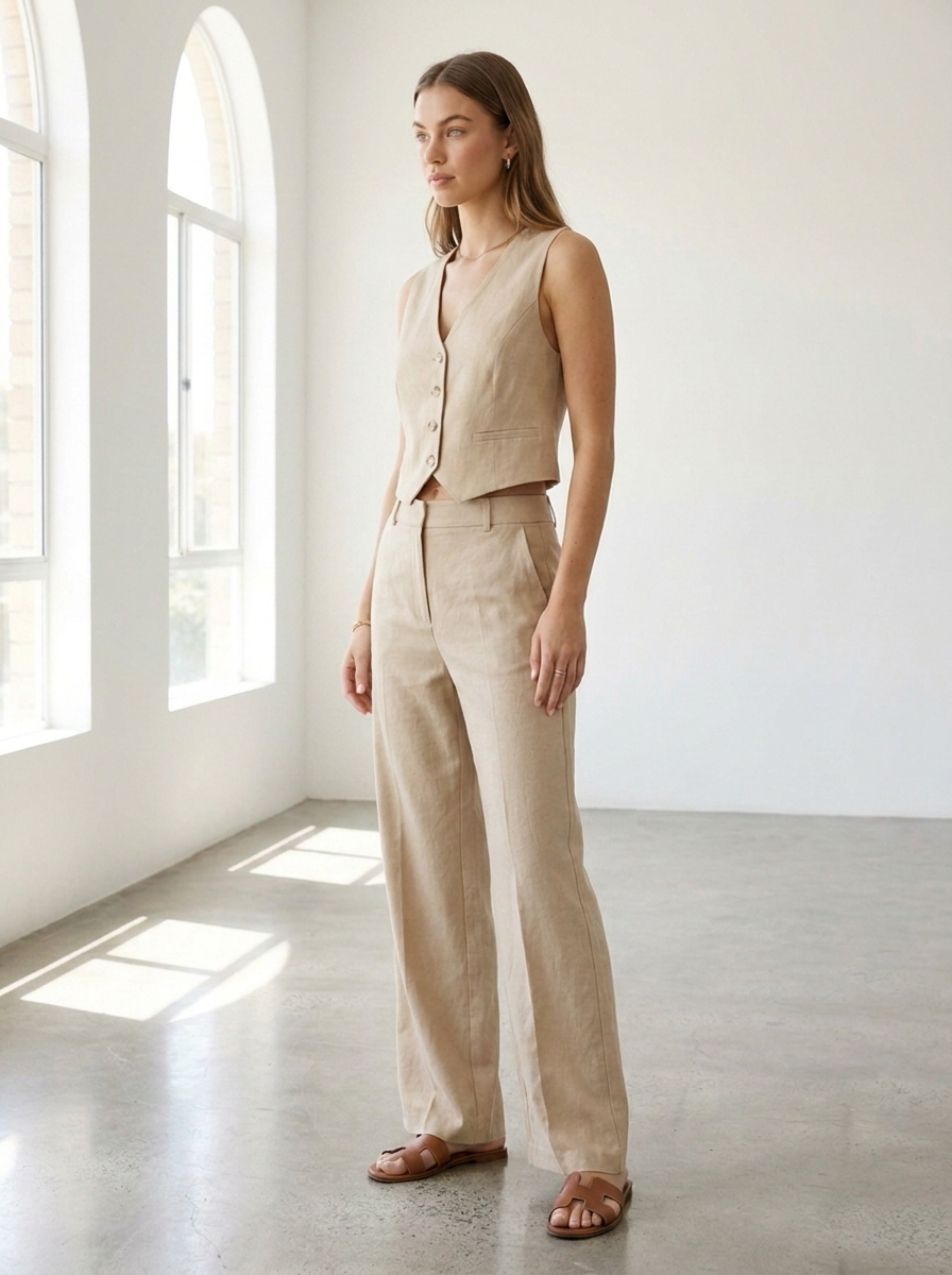 V-neck vest and trousers set three-quarter view