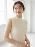 Women's ribbed high neck ruffle sleeveless top front view