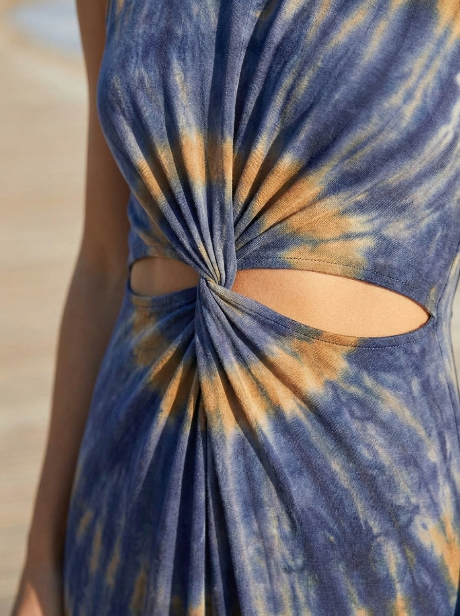 Tie-dye fabric and twist cutout waist detail