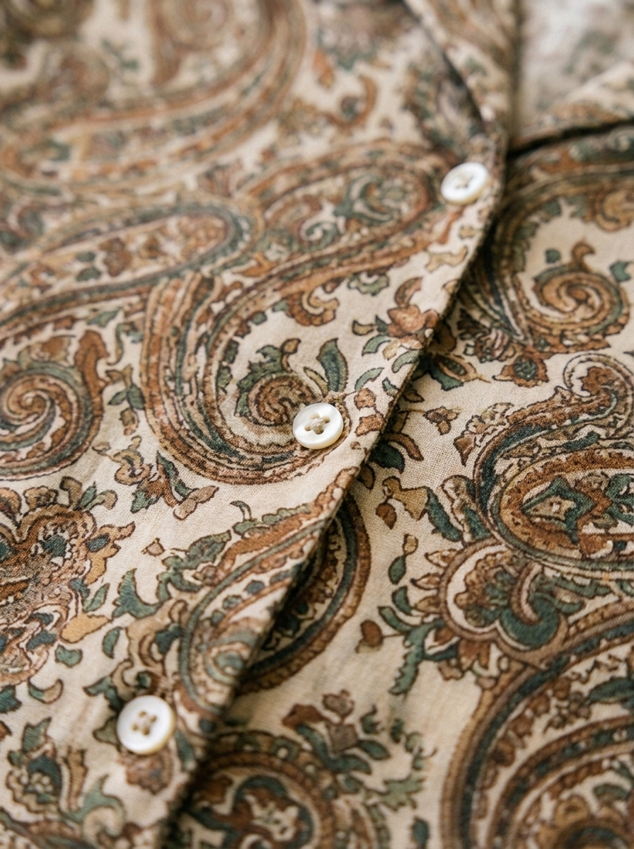 Paisley print fabric and button placket detail