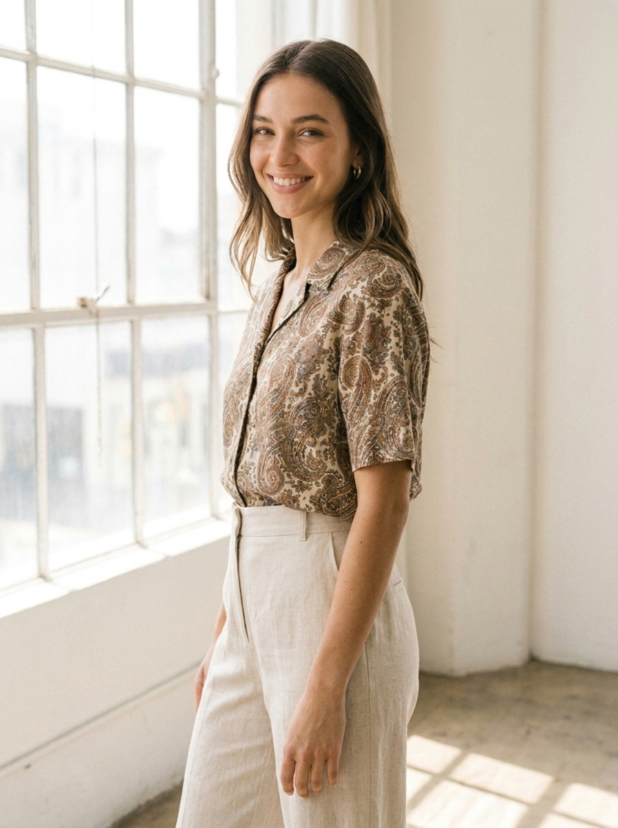 Paisley print button-front shirt three-quarter view