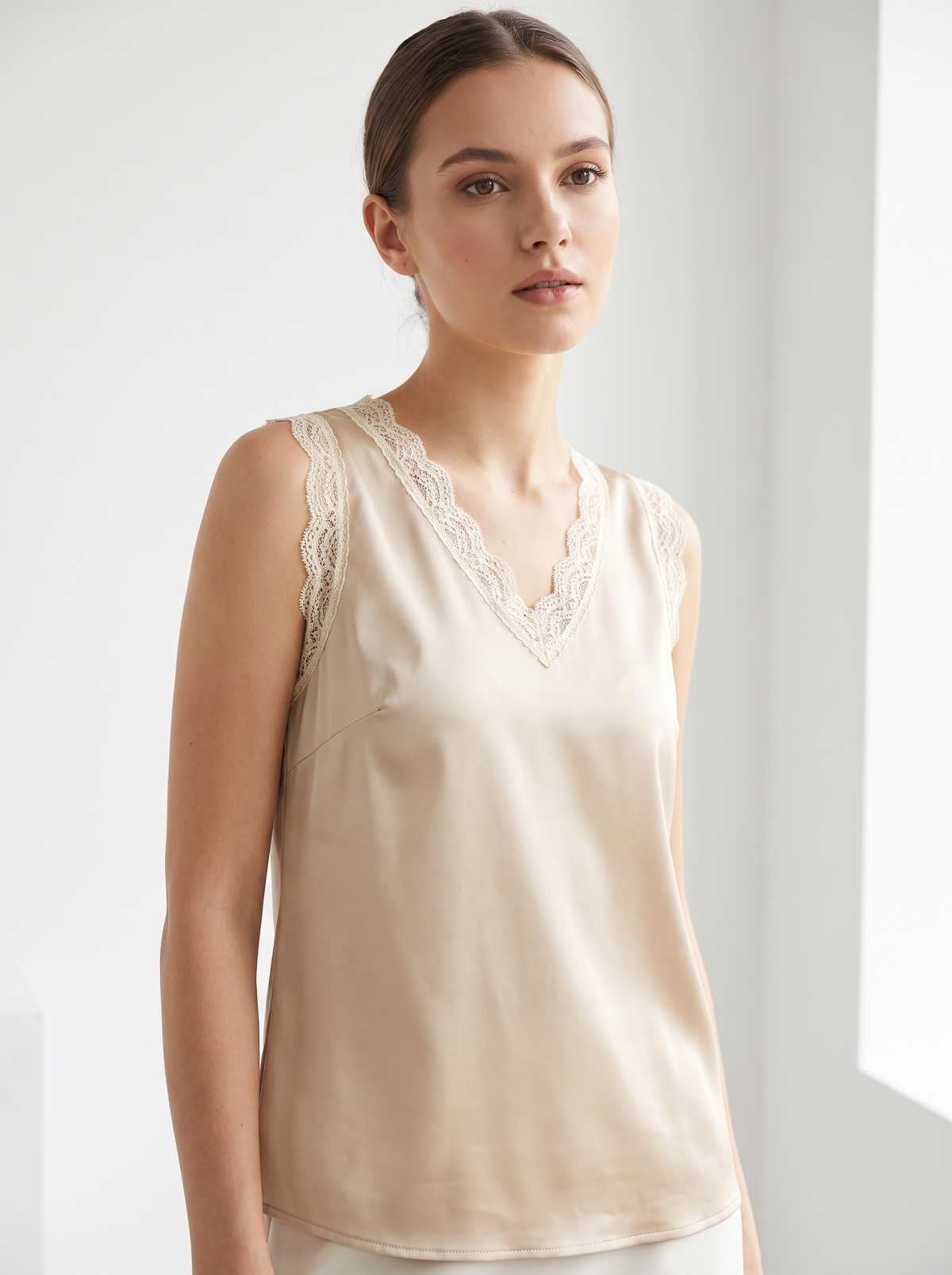 Women's lace trim satin sleeveless blouse front view
