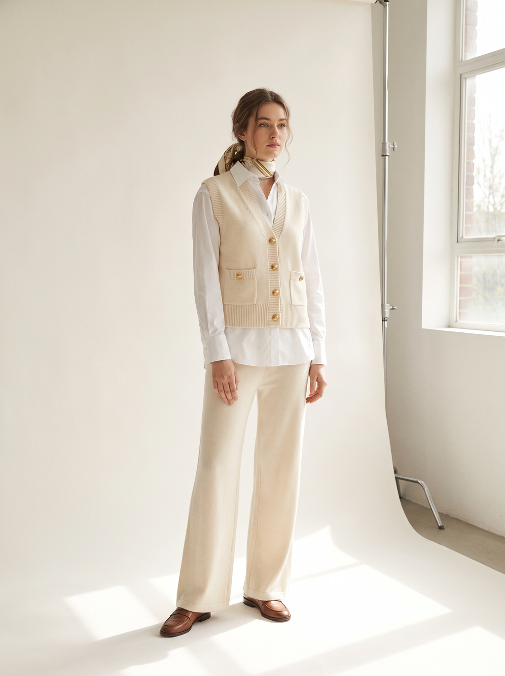 Women's golden button knit vest and pants set front view