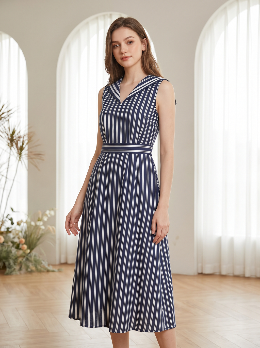 Women's sleeveless sailor collar cotton linen midi dress front view