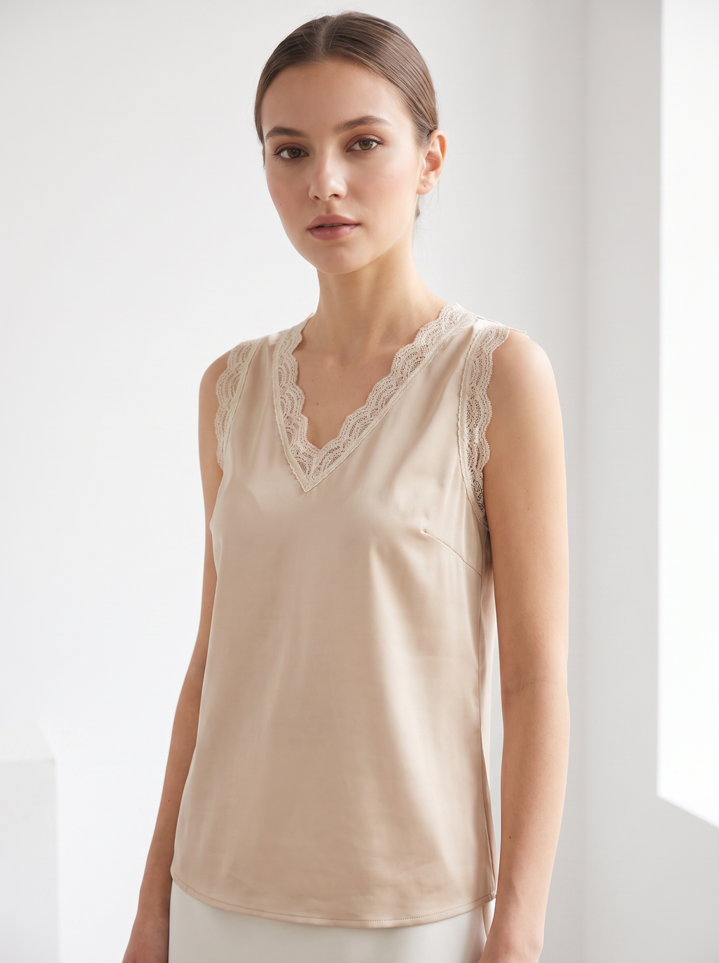 Satin lace trim blouse three-quarter view