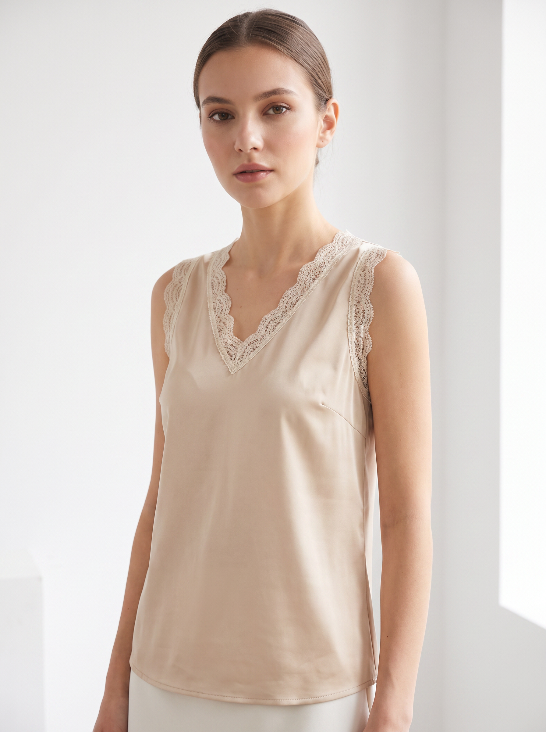 Satin lace trim blouse three-quarter view