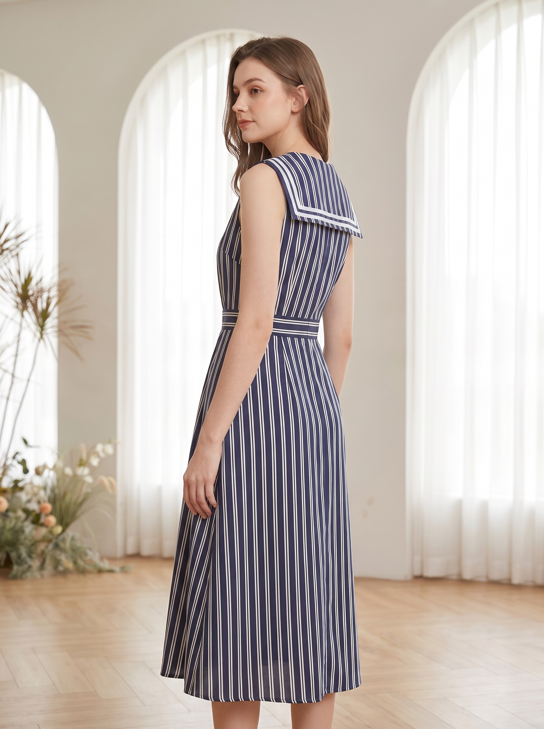 Sailor collar midi dress three-quarter view
