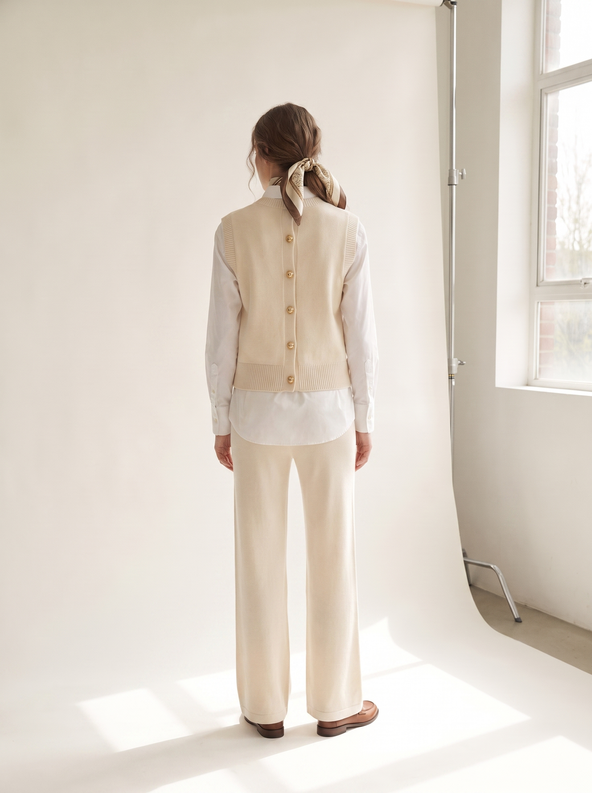 Golden button knit vest and pants set back view
