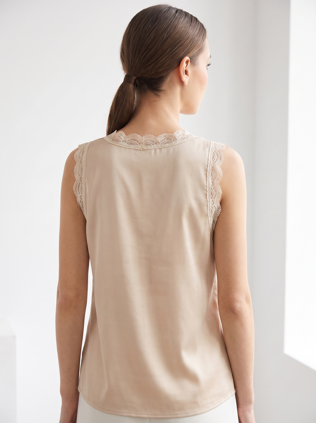Satin lace trim blouse back view