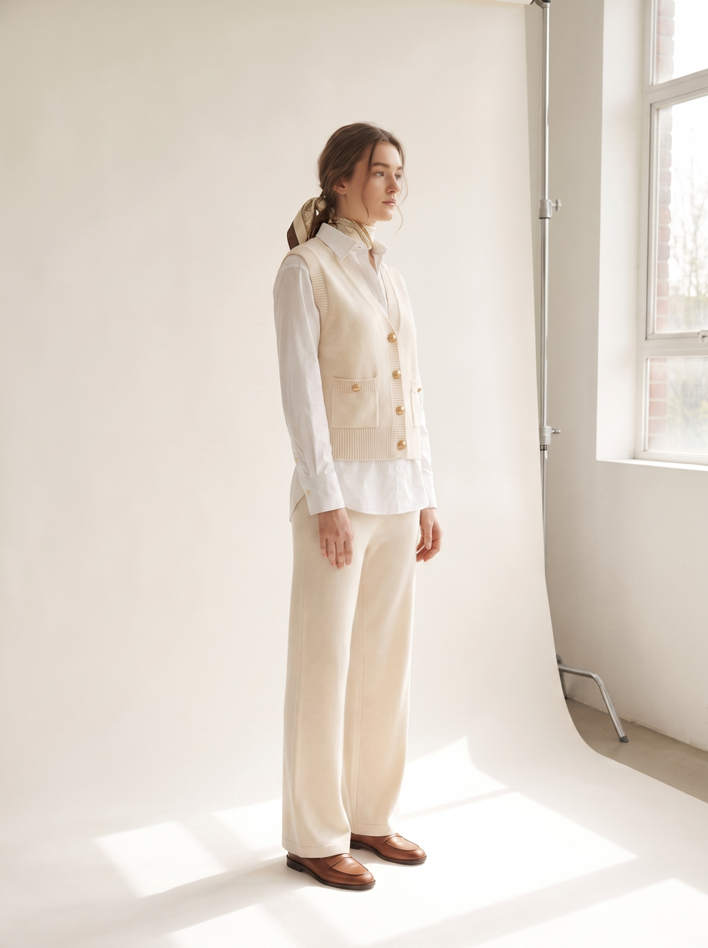 Golden button knit vest and pants set three-quarter view