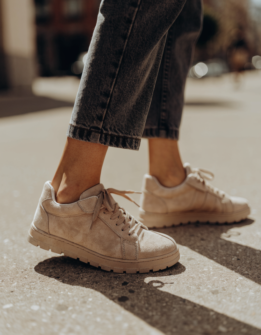 Beige faux suede lace-up strap sneakers worn with cropped denim on a city pavement