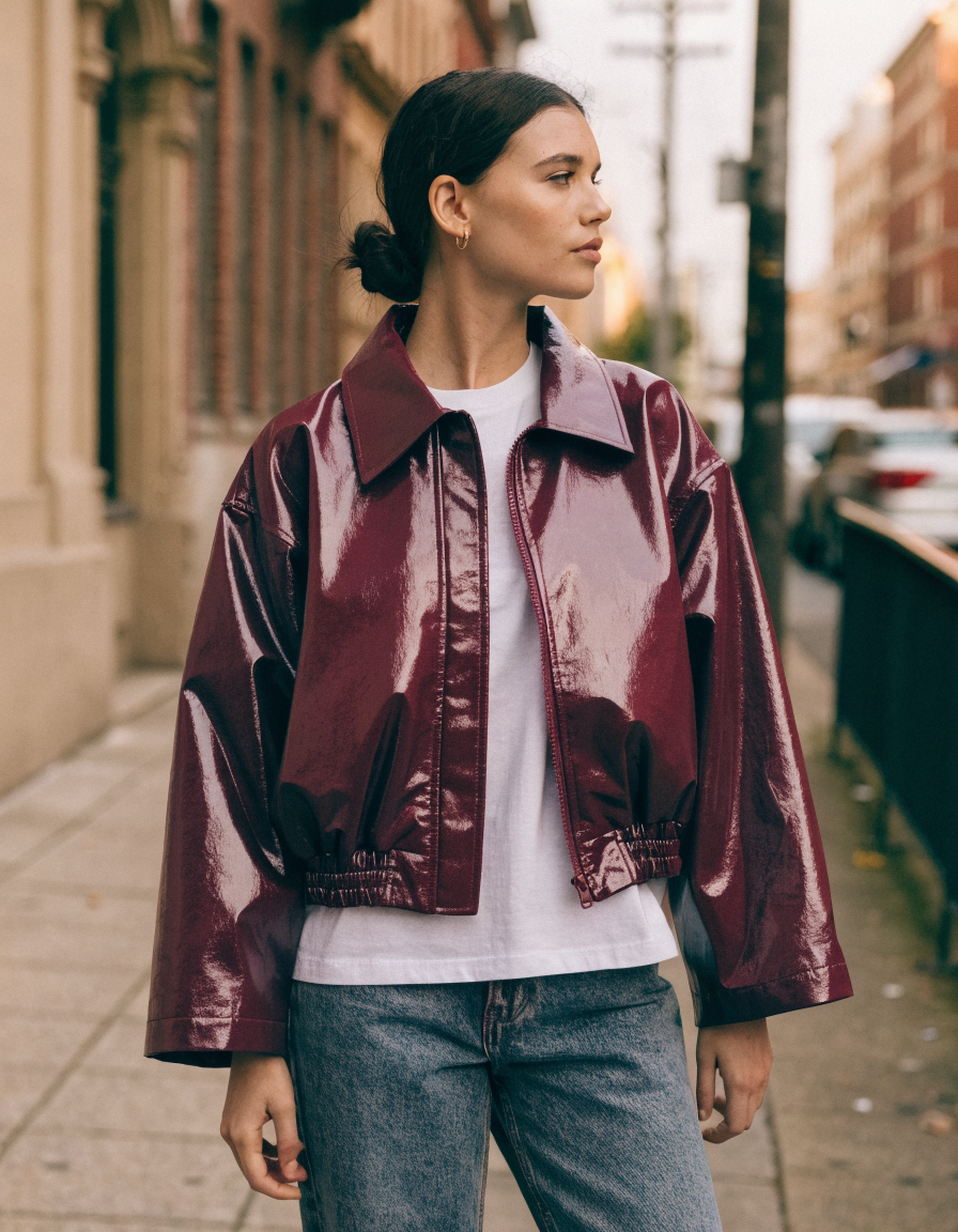 Woman wearing a burgundy coated bomber jacket with point collar over a white tee and denim