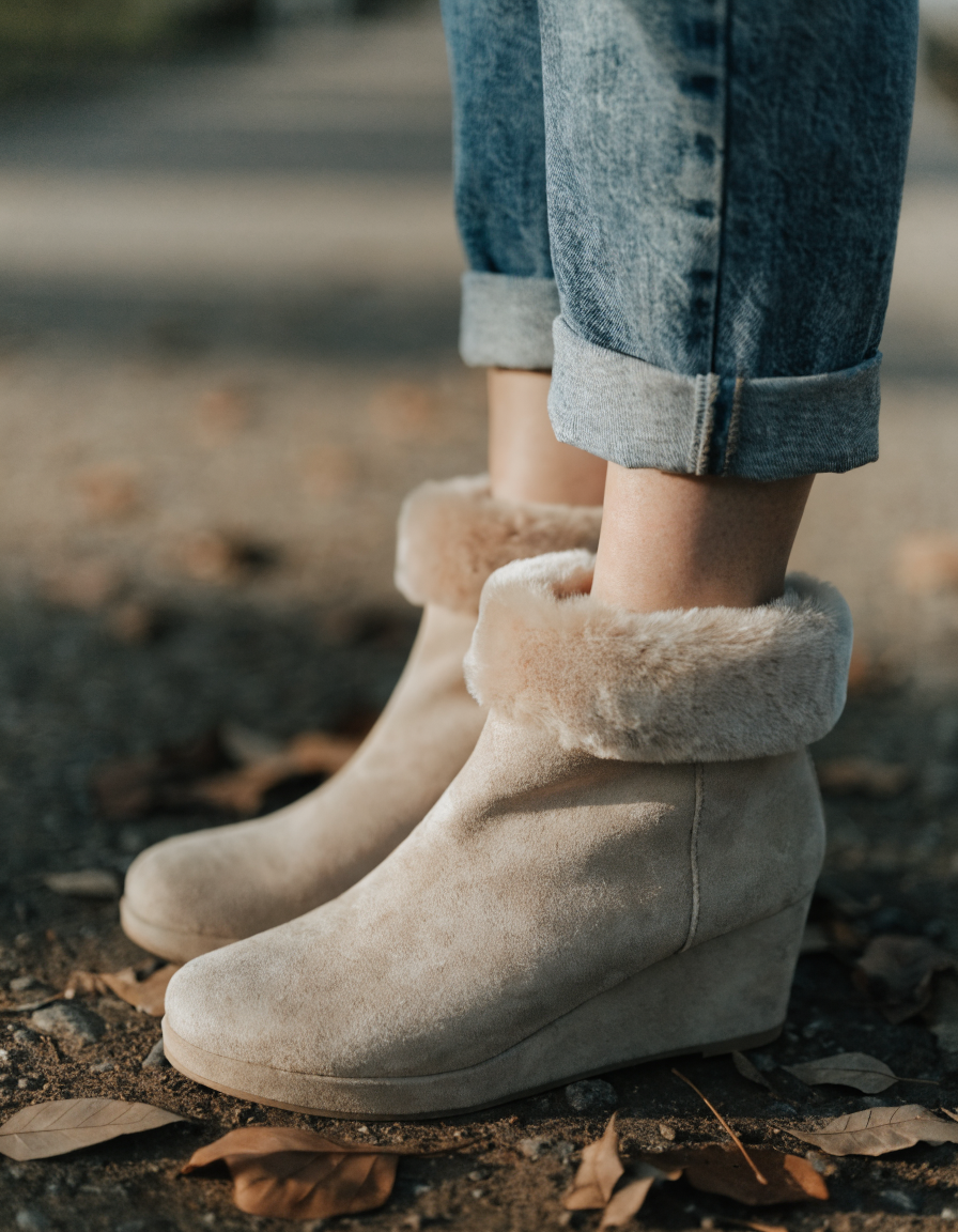 Beige faux suede ankle boots with faux fur collar and wedge sole worn with cuffed jeans