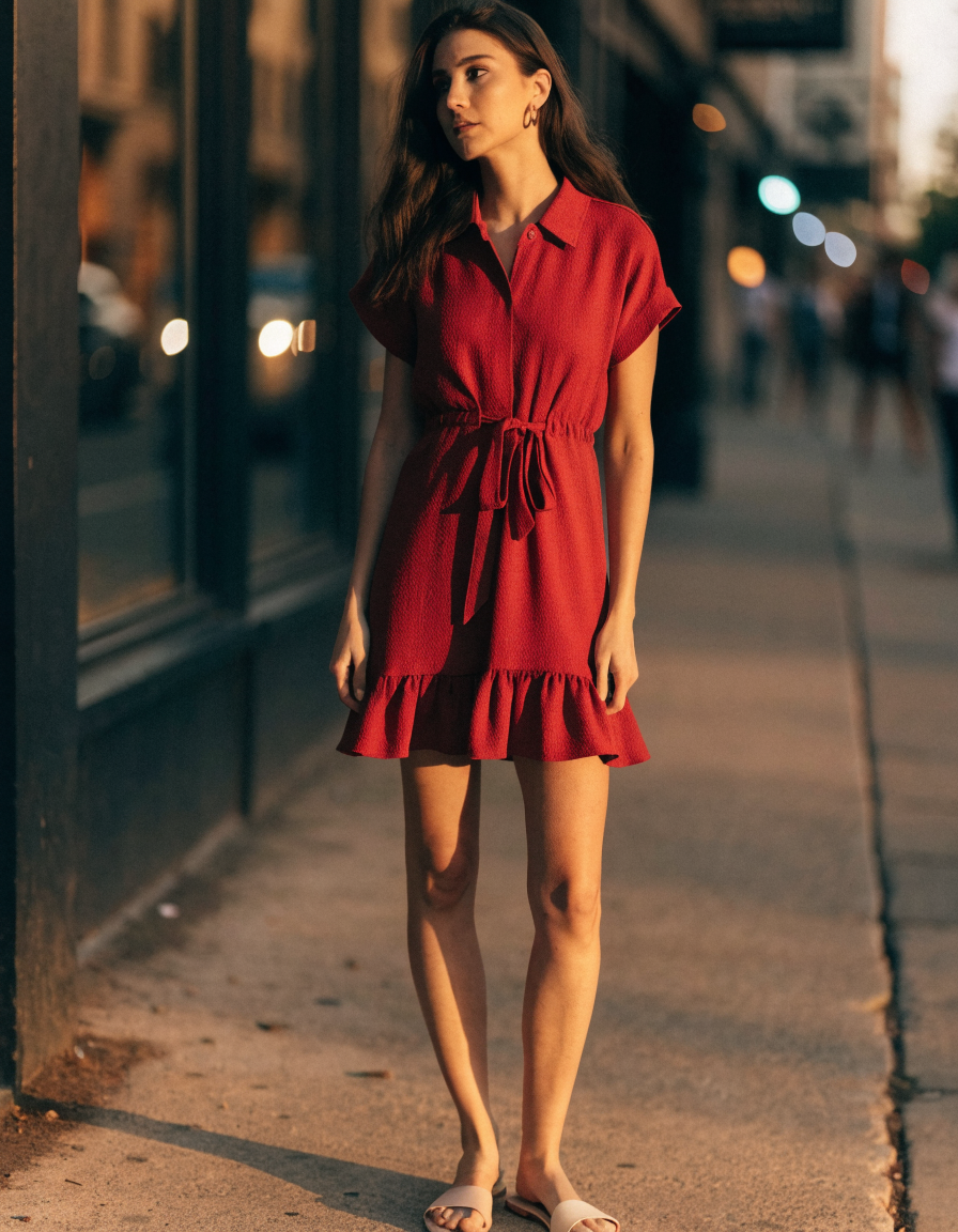 Woman wearing a red tie-waist ruffle hem mini dress on a warm evening street