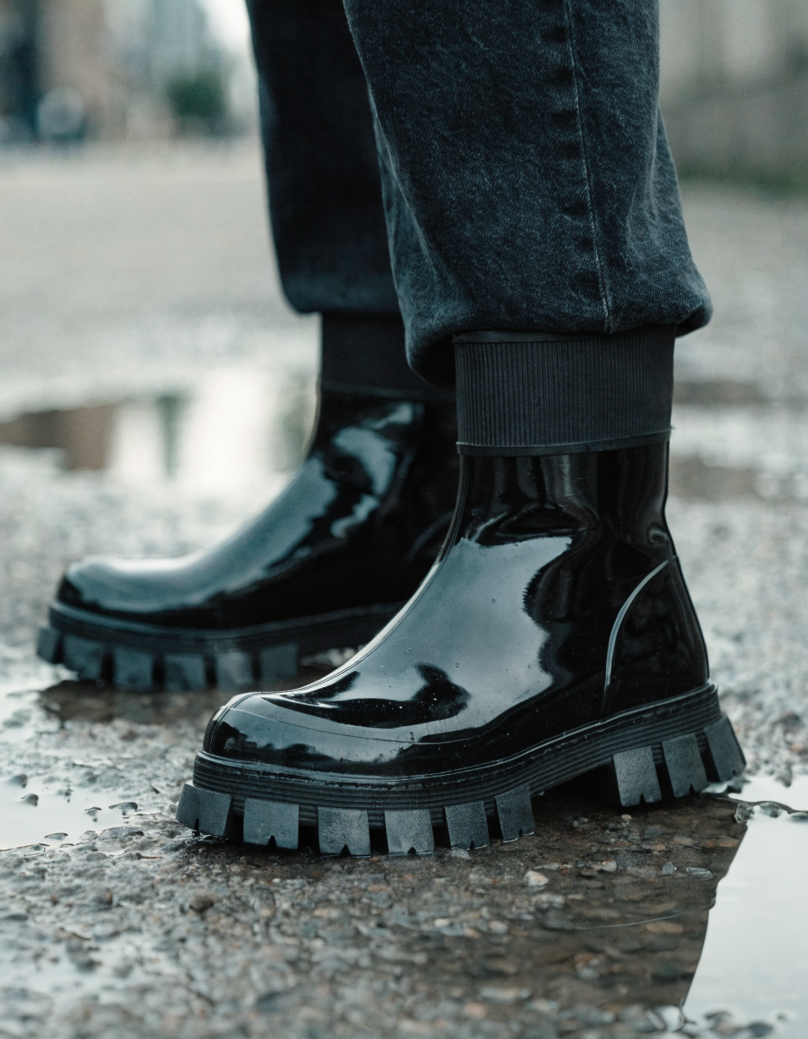 Black rubber ankle boots with ribbed collar and lug outsole on wet ground after rain